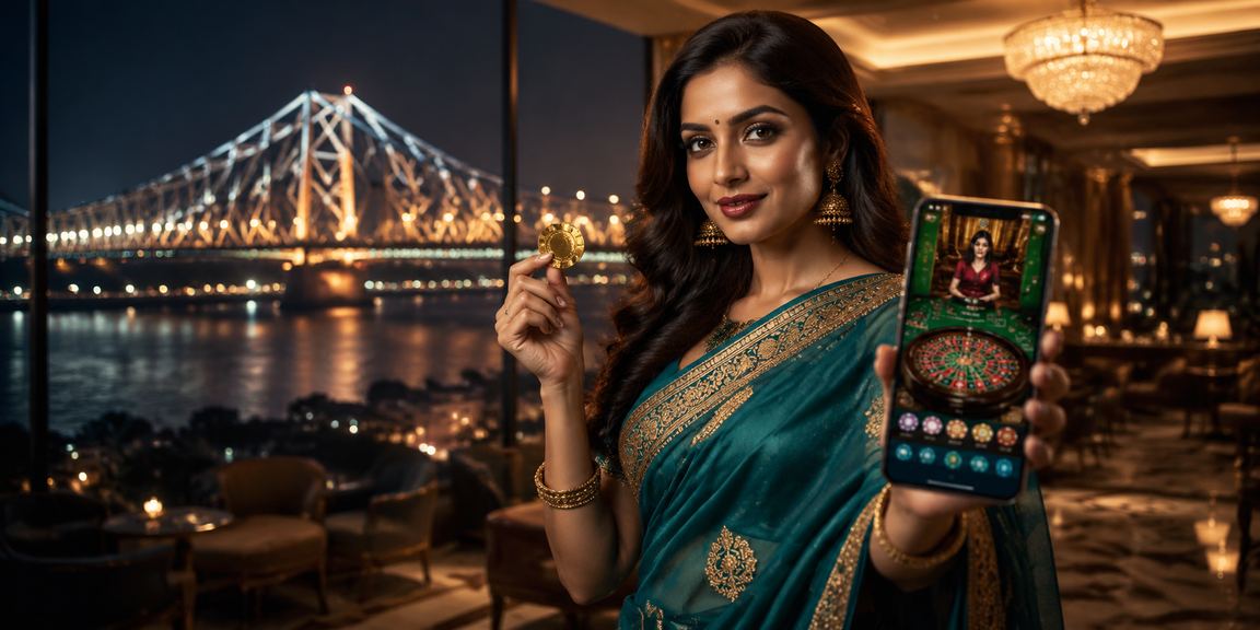 Indian woman checking mobile casino betting app at night